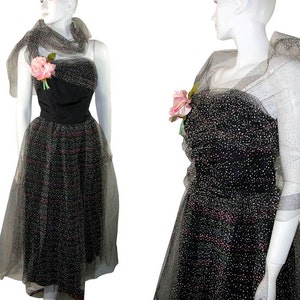 1950s BeauTime STRAPLESS Polka Dot Layered Tulle Lace Holiday Party Prom Dress Gown Small image 1