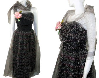 1950s BeauTime STRAPLESS Polka Dot Layered Tulle Lace Holiday Party Prom Dress Gown Small
