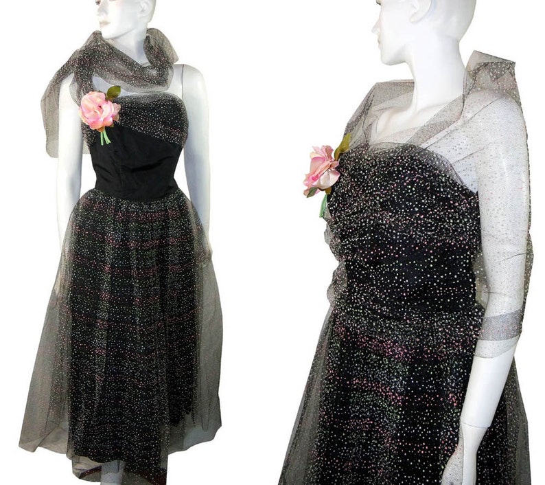 1950s BeauTime STRAPLESS Polka Dot Layered Tulle Lace Holiday Party Prom Dress Gown Small image 1