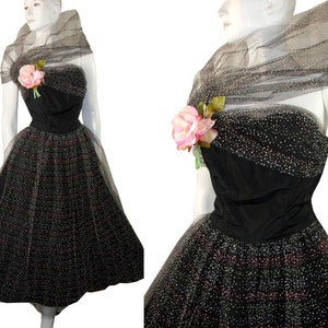 1950s BeauTime STRAPLESS Polka Dot Layered Tulle Lace Holiday Party Prom Dress Gown Small image 3