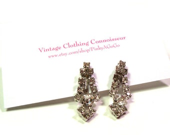 Vintage 1950s Crystal Clear Dangle Rhinestone Cocktail Party Earrings Screwback