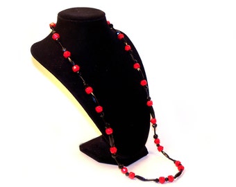 Antique Czechoslovakian Red and Black Glass Bead Strand Necklace