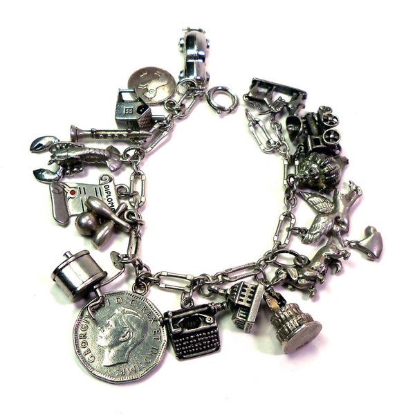 Vintage STERLING SILVER Charm Bracelet 1930s - 1940s Articulated Many Move Assorted Theme Spectacular