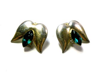 Vintage Sterling Silver Clip Earrings with Emerald Green Rhinestones