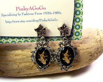 Vintage Silver & Gold Siam Niello Chandelier Earrings, Nautical Star Screw Back Style