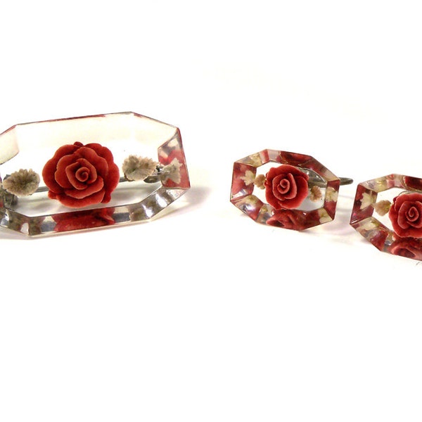 Jahrgang 1950 Lucite rote Rose Blume Ohrringe und Pin / / Brosche Set