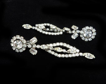 Longest Vintage 50s Crystal Clear Rhinestone Dangle Earrings Clip Ons Extra Long Party Earrings