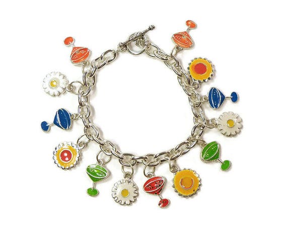 Vintage Enamel Charm Bracelet, Summer Drinks, Flower Charms