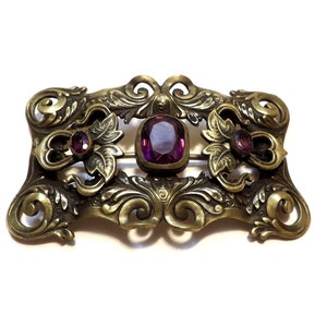 LARGE Antique Victorian Gold Tone Floral Buckle Pin Brooch with Amethyst Stones