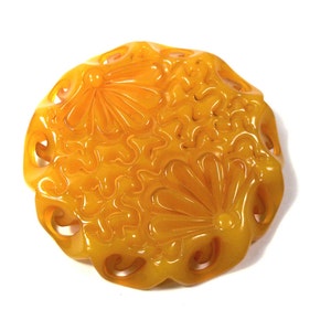 Huge 1940s Carved Butterscotch Bakelite Brooch, Pin Flowers and Ribbons