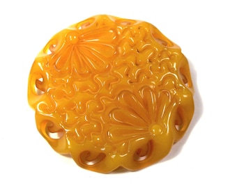 Huge 1940s Carved Butterscotch Bakelite Brooch, Pin Flowers and Ribbons