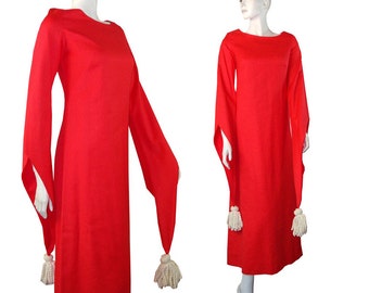 Avante Garde Vintage 1970s Saks Fifth Ave Bohemian Kimono Sleeve Christmas Red Party Dress Size 6