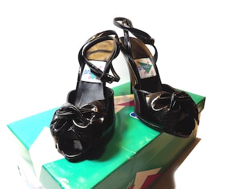 Vintage 80s Patent Leather Ankle Strap Pumps, Size 5B (Deadstock)