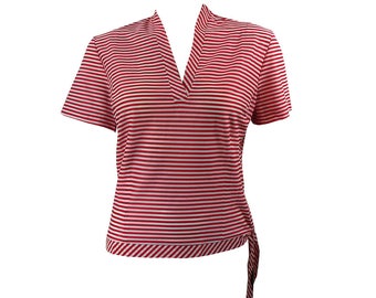 NOS Vintage Red & White Candy Stripe Ladies Blouse, Side Zipper and Bow Tie V Neck Shirt, With Tags Top by Alice Stuart Medium