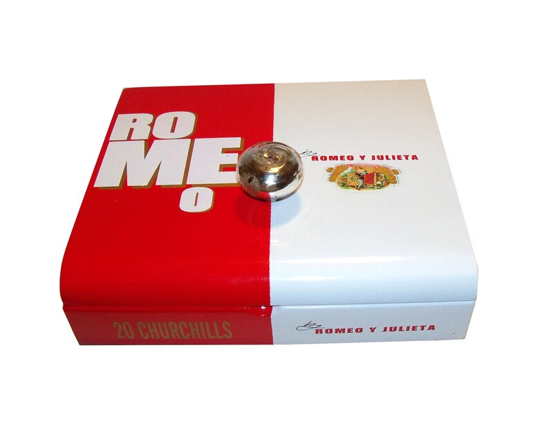 Lacquered Wood Cigar Box Gentleman's Valet, Upcycled Recycled ROMEO Stash Box, Groomsman Trinket Box with Mercury Glass Handle, on Wheels image 9