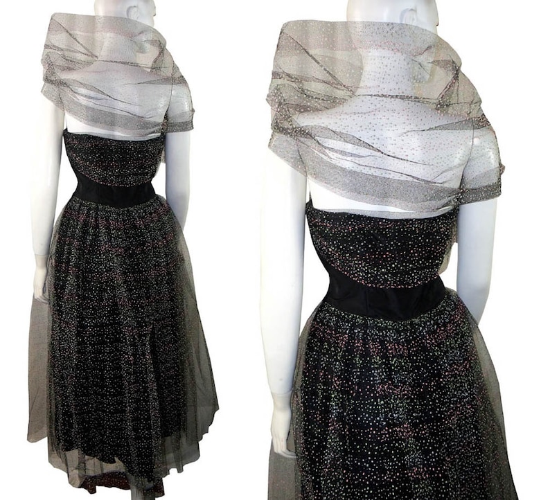 1950s BeauTime STRAPLESS Polka Dot Layered Tulle Lace Holiday Party Prom Dress Gown Small image 4