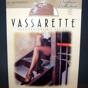 Vintage 80s Funky FISHNET pantyhose Vassarette Stockings NEVER WORN unworn Buff Size Large