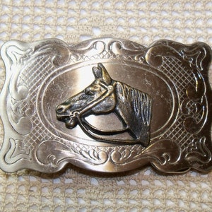 Vintage 80s Shiny engraved Silver & Gold HORSE Belt Buckle