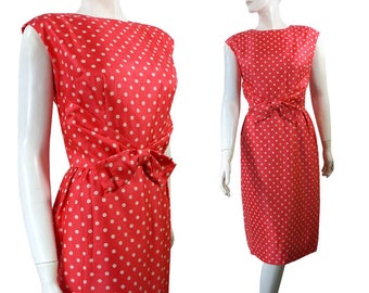 Vintage SILK Bright Salmon and White Polka Dot sexy wiggle Dress by Weber & Franks Originals