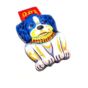 LARGE Vintage Dog Tin Toy CLICKER Bright Graphic Lithograph Made in Japan Noise Maker