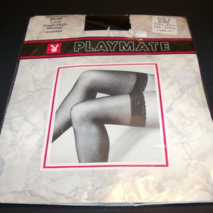 Black Playmate Vintage Lace Top Thigh High nylon Stockings NEVER WORN unworn Large