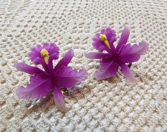 Vintage Purple Glass Iris Flower Cocktail Party Earrings, Clip Back Earrings