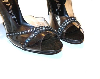 SEXY Vintage 80&#39;s Clear with Rhinestones Pumps Ankle Strap Holiday High Heel Shoes Size 8B NEVER Worn Deadstock 1980s