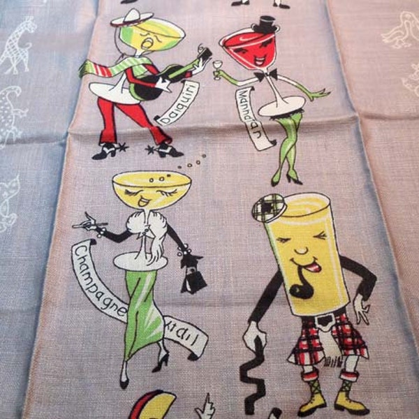 Vintage 1940s Anthropomorphic Dancing Cocktails Kitchen Linen Hand Towel Unused