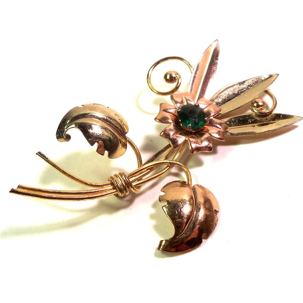 Vintage 50s Harry Iskin 12K Gold Filled Floral Brooch with Emerald Green Center, Pin