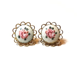 Vintage Coro Guilloche Enamel Rose Screw Back Earrings