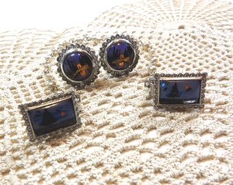 Vintage jaren 1950 Trui Guard / Trui Clip & Bijpassende Oorbellen - Butterfly Wing Tropical Island, Beach Scene
