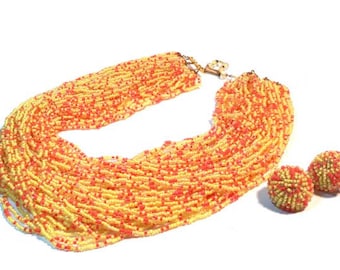 1950's Yellow & Hot Pink Micro Glass Beads Necklace and Earring Set Made In Italy