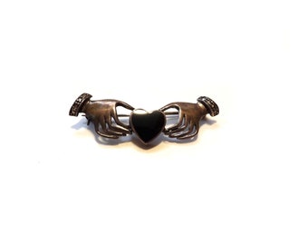 Vintage Sterling Silver Hand & Heart Mourning Jewelry Pin Brooch