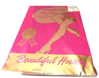 Vintage 50er 60er Leg-Eez Nylons Oberschenkel Hohe Strümpfe Größe 11 NIE GETRAGEN Hosiery Seamless Mesh Cinnamon XL