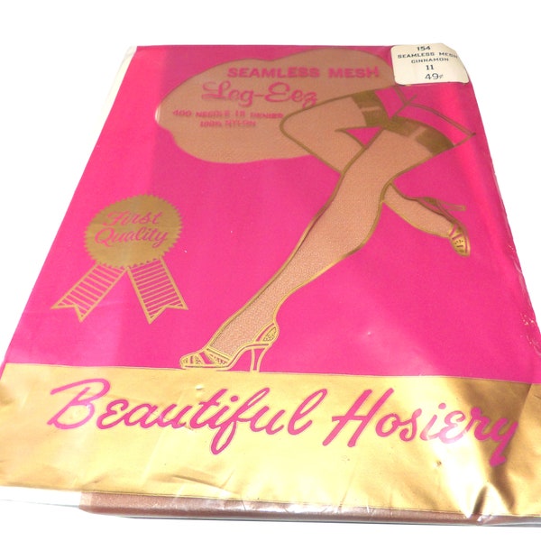 Vintage 50s 60s Leg-Eez Nylons Thigh High Stockings Size 11 NEVER WORN hosiery Seamless Mesh Cinnamon XL