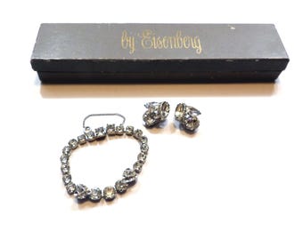 Set di orecchini e bracciale vintage scintillanti Eisenberg RHINESTONE, spettacolari gioielli anni '50 nella scatola originale