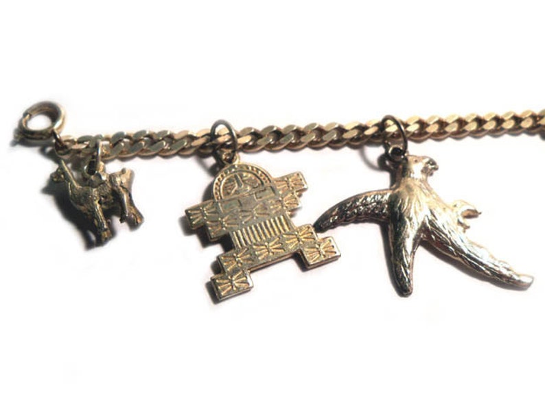 Vintage Mexican Silver 1950s Souvenir Charm Bracelet 7 Charms Aztec, Mexico, Peru Theme image 3