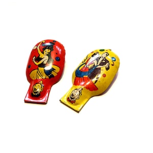 2 Vintage Circus Clown Dancing People Tin Litho Metal Toy CLICKER Noise Maker
