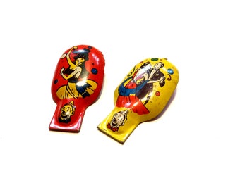 2 Vintage Circus Clown Dancing People Tin Litho Metal Toy CLICKER Noise Maker