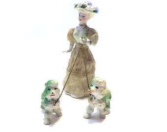 Vintage Porcelain Lady Walking 2 Poodle Dogs on a Leash