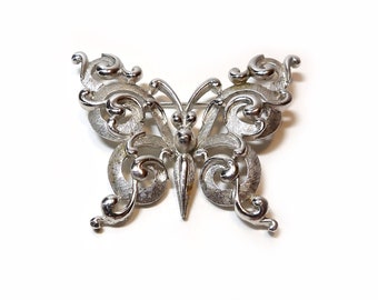 Vintage 60s Brushed Silver Butterfly Brooch Signed Crown Trifari pin