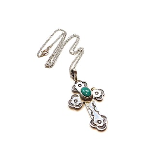 Vintage Sterling Silver Navajo Cross with Turquoise Pendant on Chain By Randall Endito Hand Crafted Artisan Work