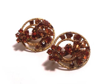 Vintage Vendome Golden Amber Yellow Rhinestone 50s Floral Cocktail Party Earrings clip on