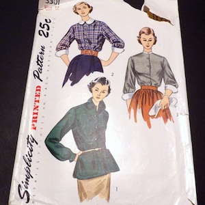Vintage 1950s Simplicity Pattern 3301 Misses Blouse with Detachable Collar and Cuffs Size 14 Bust 32