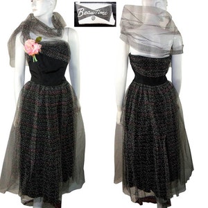 1950s BeauTime STRAPLESS Polka Dot Layered Tulle Lace Holiday Party Prom Dress Gown Small image 5