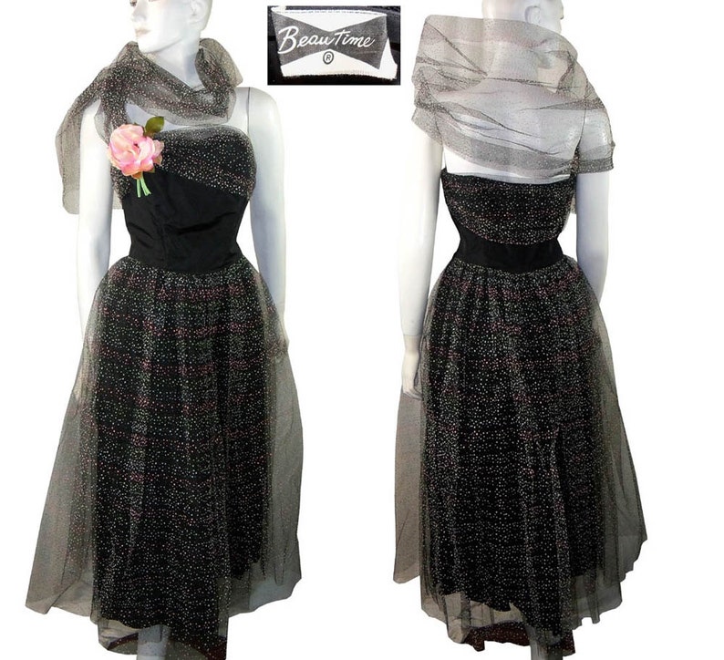 1950s BeauTime STRAPLESS Polka Dot Layered Tulle Lace Holiday Party Prom Dress Gown Small image 5