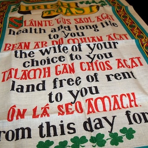 Vintage 1970s Souvenir Celtic Irish Blessing Toast Linen Hand Tea Towel Unused From Ireland