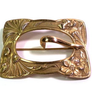 LARGE Antique Gold Tone Art Nouveau Floral Buckle Pin Brooch