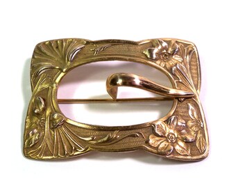 LARGE Antique Gold Tone Art Nouveau Floral Buckle Pin Brooch