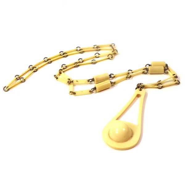 Vintage 40's Art Deco Celluloid Necklace with Orb Pendant, Bakelite Era
